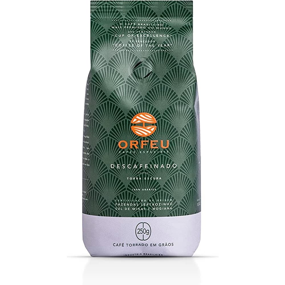 Café Torrado em grãos Descafeínado Orfeu Café brasileiro mais premiado do mundo notas chocolate 250g