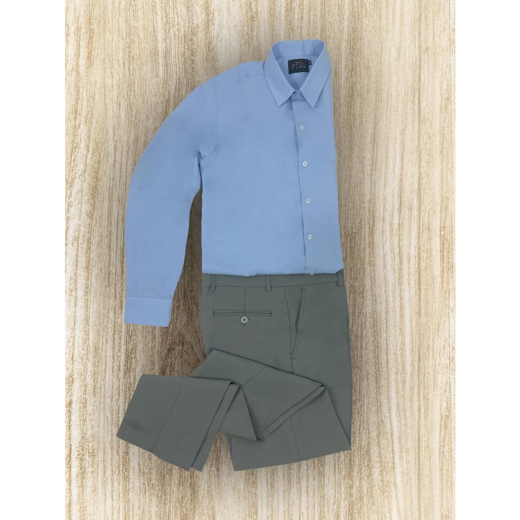 KIT Masculino 2 Peças - Camisa Social Manga Longa Slim Azul Bebê e Calça Social Cinza Claro