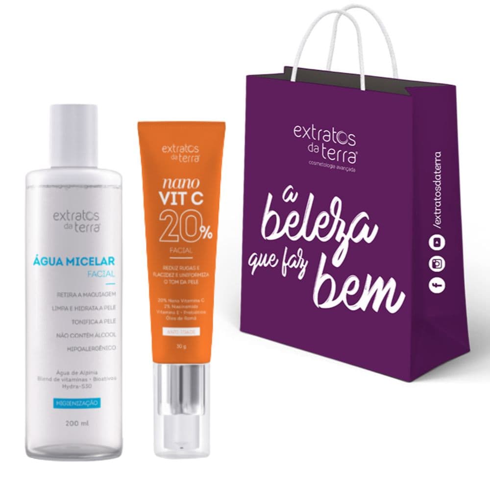 Kit Água Micelar 200ml + Vitamina C 20% Anti-idade - Extratos Da Terra