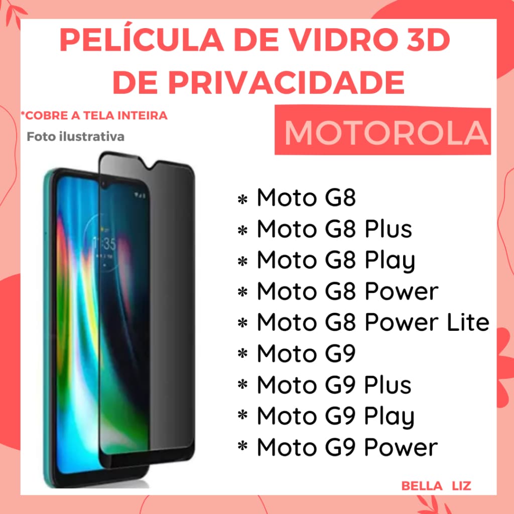 Película de Vidro de Privacidade para Motorola Moto G8/ Moto G8 Plus/ Moto G8 Play/ Moto G8 Power/ Moto G8 Power Lite/ Moto G9/ Moto G9 Play/ Moto G9 Power/ Moto G9 Plus/ Película Protetor de Tela.