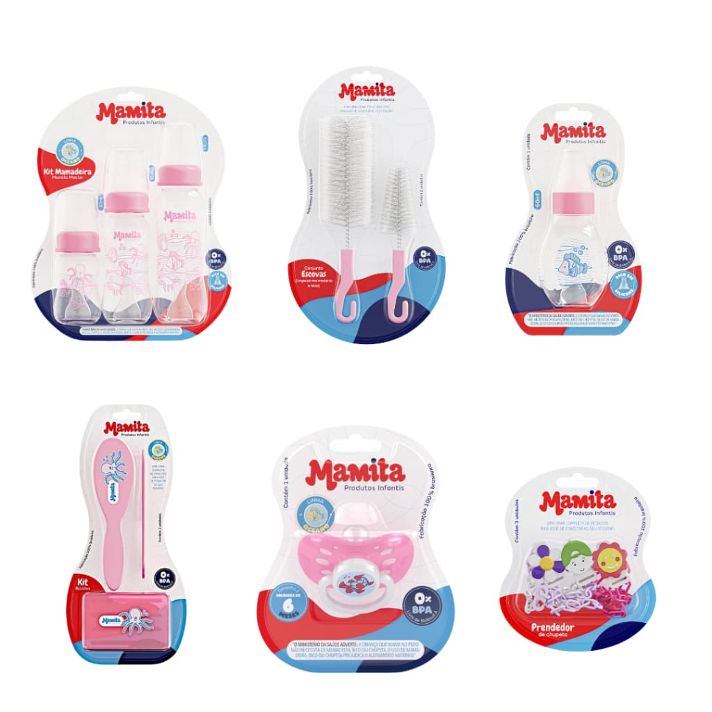 Kit Mamita Mamadeiras + Kit Banho + Chupeta + Prendedor de Chupeta + Escova de Limpeza P/ Mamadeira