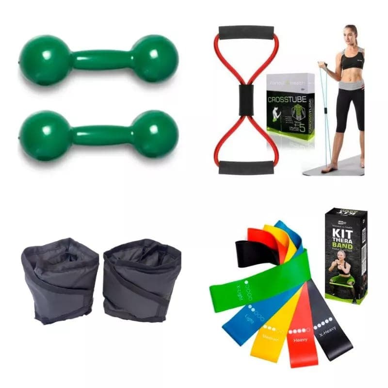 Kit Treino Completo Par Halter 1 kg + Par Tornozeleira 1 kg + Elástico + Theraband