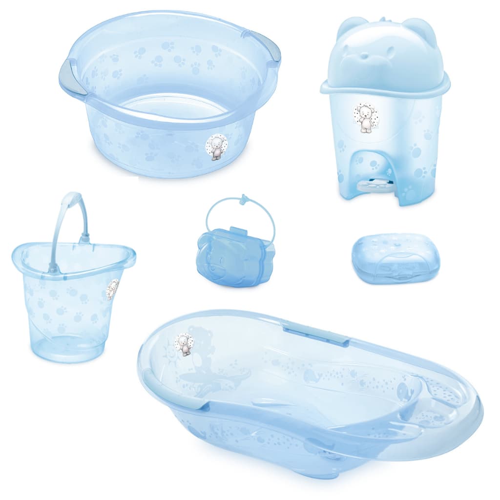 Kit Banheira Bebe Infantil Resistente Com Válvula de Escape Adoleta + Bacia + Balde + Lixeira + Saboneteira Baby-Menino