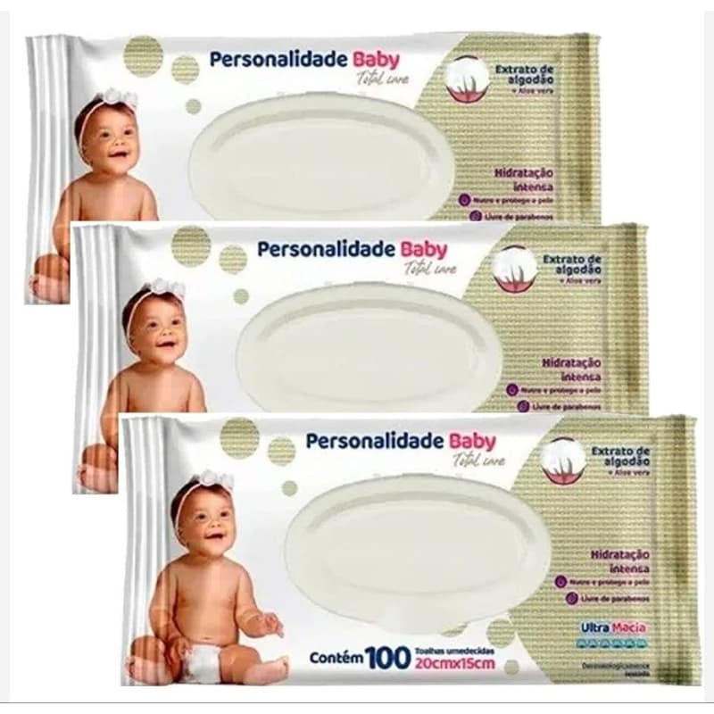Kit 3 Toalha Umedecida Personalidade Baby Total Care - 300 unidades de Lenço Umedecido para Bebê