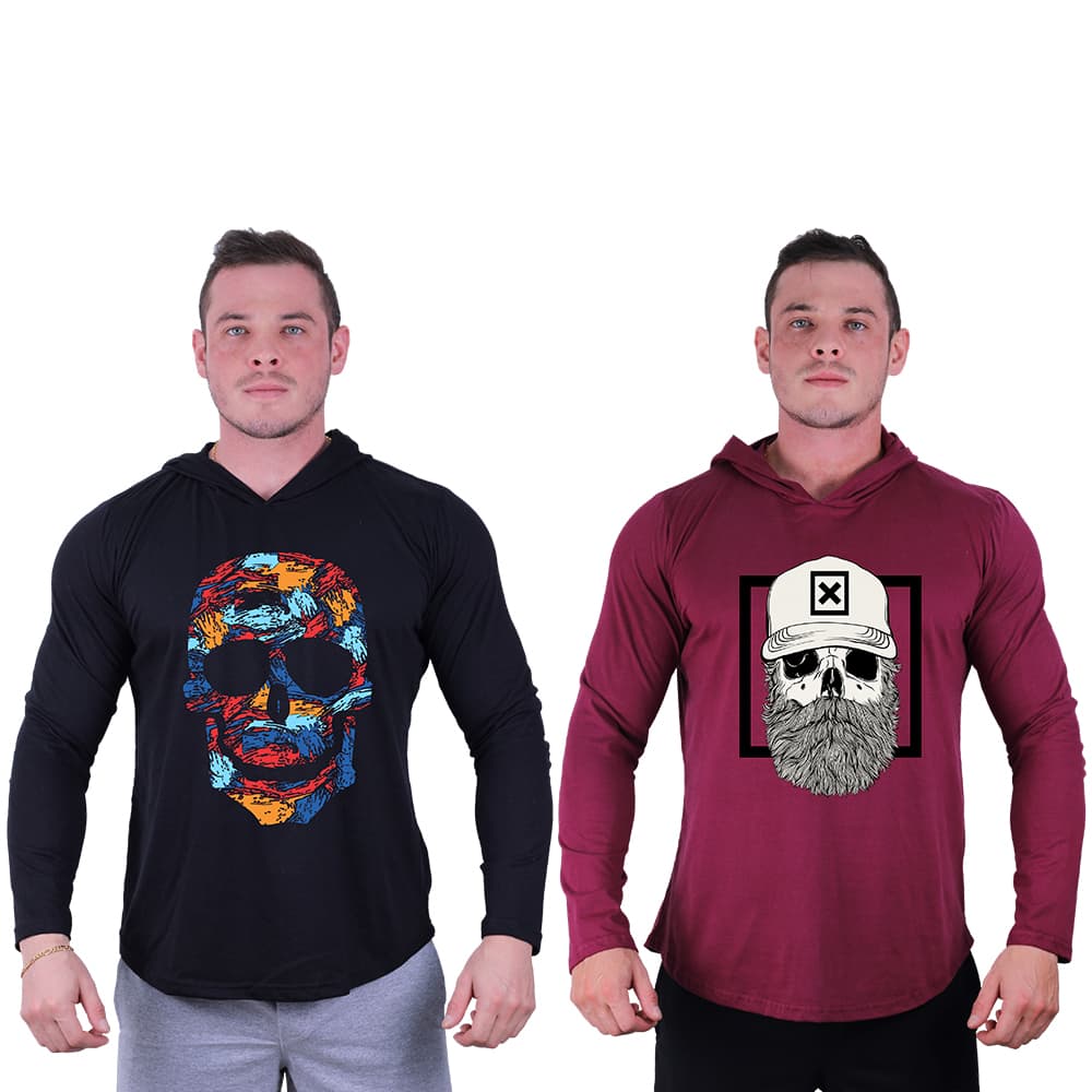 Kit 2 Camiseta Manga Longa Longline Com Touca MXD Conceito Caveiras Treino Musculação Estampadas
