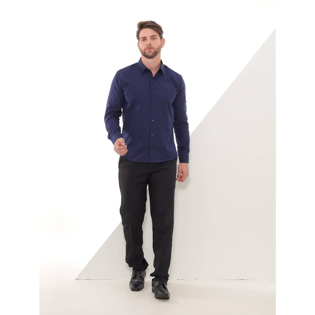 KIT Masculino 2 Peças - Camisa Social Manga Longa Slim Azul Marinho e Calça Social Preta