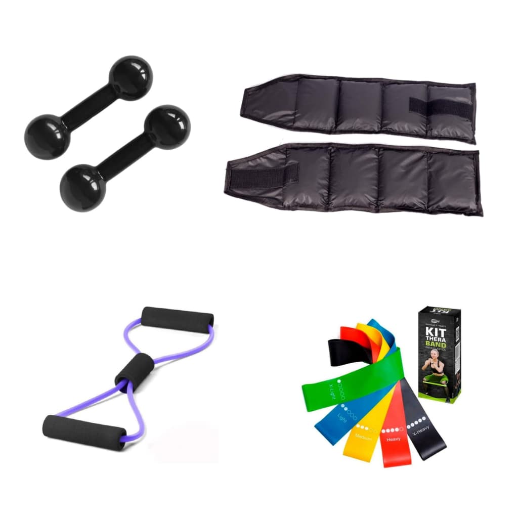 Kit Treino Completo Par Halter Emborrachado 1 kg + Par Tornozeleira 2 kg + Kit Miniband + Elástico Multifuncional