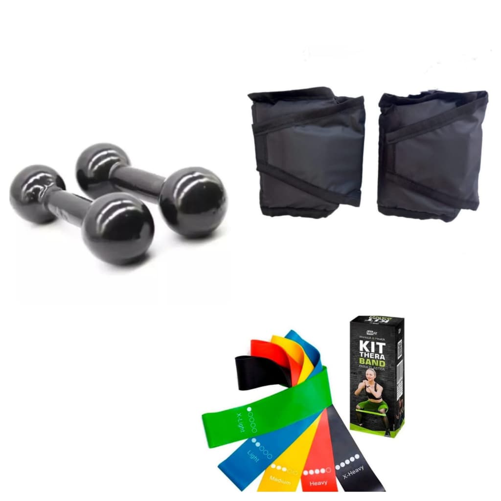 Kit Treino Funcional Academia Halter 2 kg + Tornozeleira 1 kg + Kit Miniband