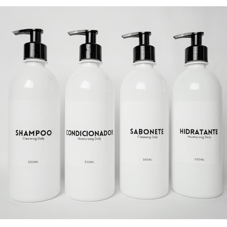 Kit Frascos Branco 04 Peças Shampoo Condicionador Hidratante Sabonete 500ML