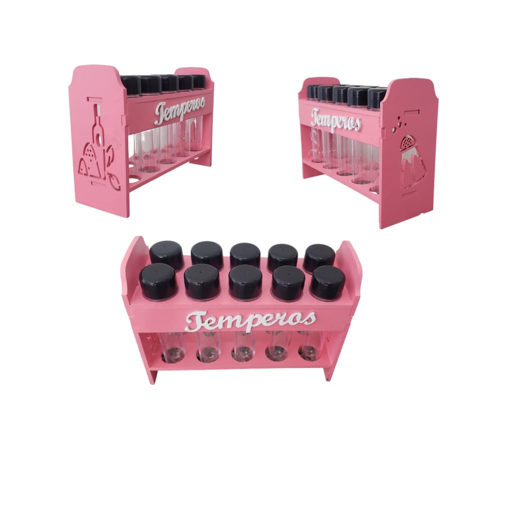 Porta tempero e condimentos bancada cozinha ROSA+10 tubetes+etiquetas