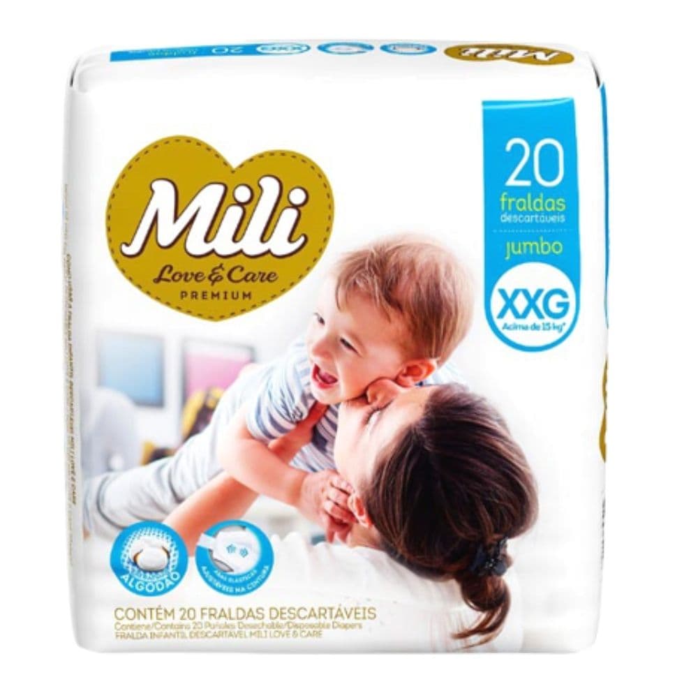 Fralda Descartável MILI Love Care Tam  XXG  20 Fraldas com Gel Super Absorvente Proteção Dia e Noite