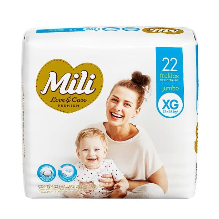 Fralda Descartável MILI Love Care  Tam XG  22 Fraldas com Gel Super Absorvente Proteção Dia e Noite