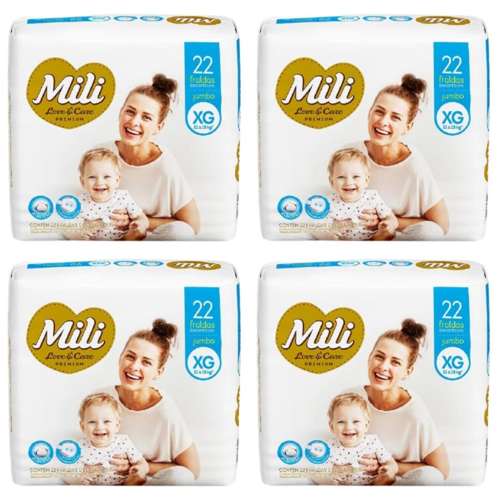 Fralda Descartável Mili- Love& Care- Linha Premiun- Tamanho XG  4 Pacotes com 22 fraldas (Total: 88)