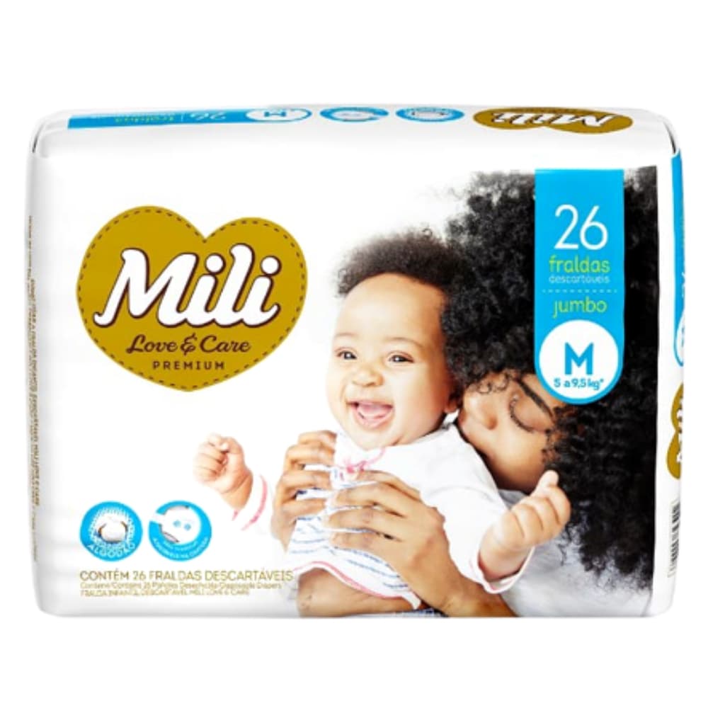 Fralda Descartável Mili   Love Care  Tam M  26 Fraldas com Super Gel Absorvente Proteção Dia e Noite