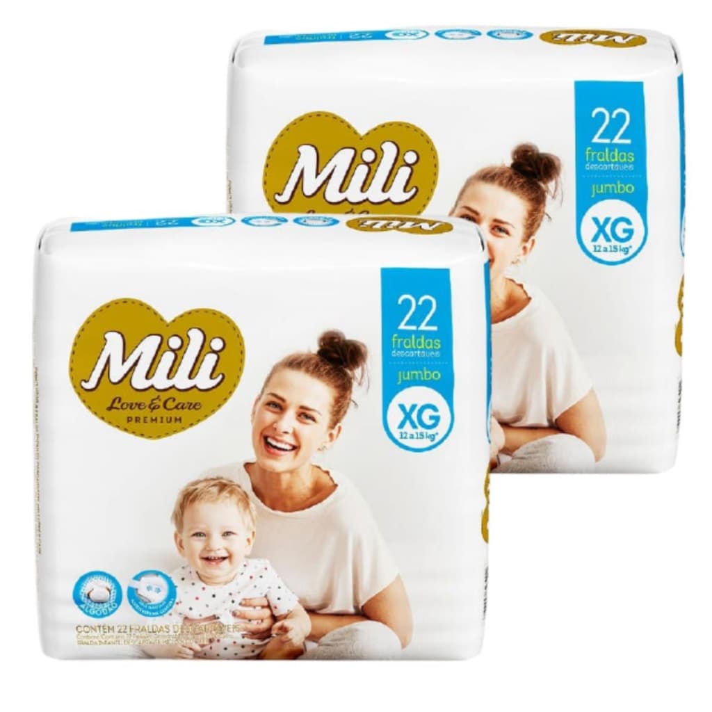 Fralda Descartável Mili  Love&Care  Linha Premiun  Tam XG  2 Pacotes c/ 22 fraldas (Total 44 fraldas)