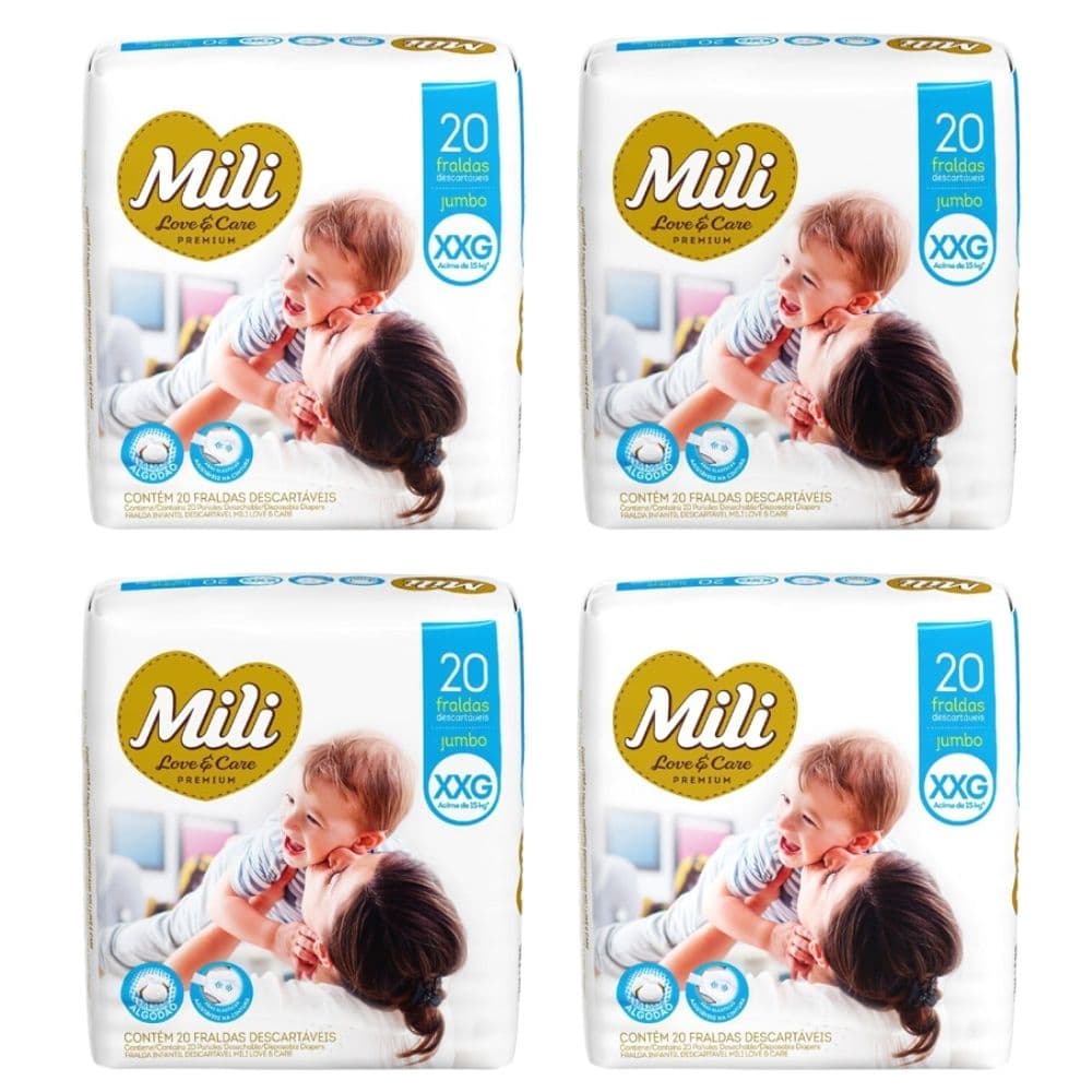 Fralda Descartável Mili  Love & Care   Tam: XXG   4 Pacotes com 20 fraldas     Total 80 fraldas