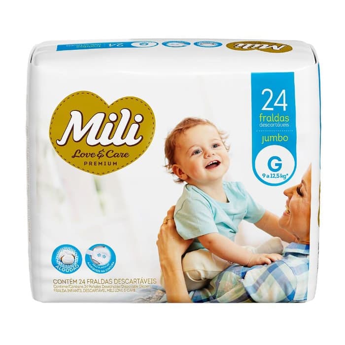 Fralda Descartável Mili  Love& Care  Tamanho G   24 Fraldas Linha Premium com gel super absorvente Proteção dia e noite