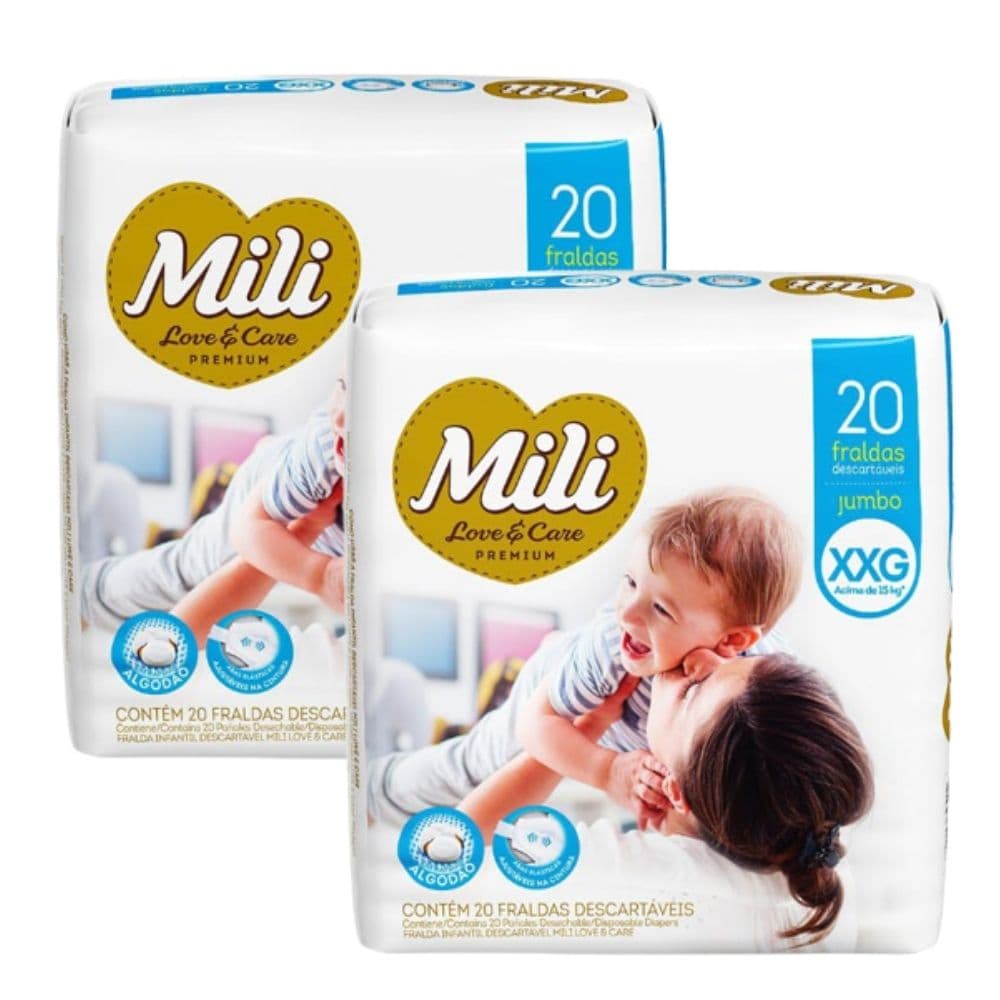 Fralda Descartável Mili Love & Care  Tam: XXG   2 Pacotes c/ 20 fraldas (Total 40 fraldas)  Linha Premium -  para uso dia e noite - com super gel absorvente