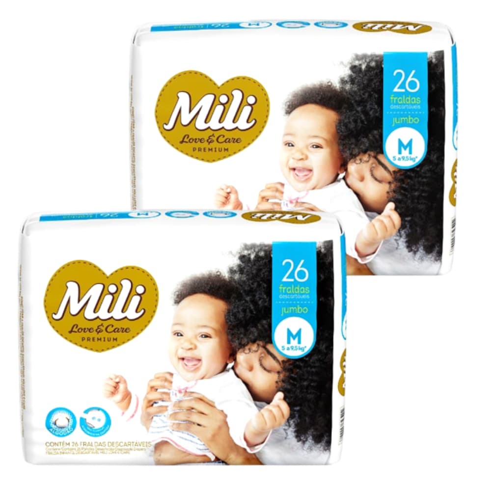 Fralda Descartável Mili Love & Care Tamanho M   2 Pacotes c/ 26  ( Total: 52 Fraldas) Linha Premium - para uso dia e noite