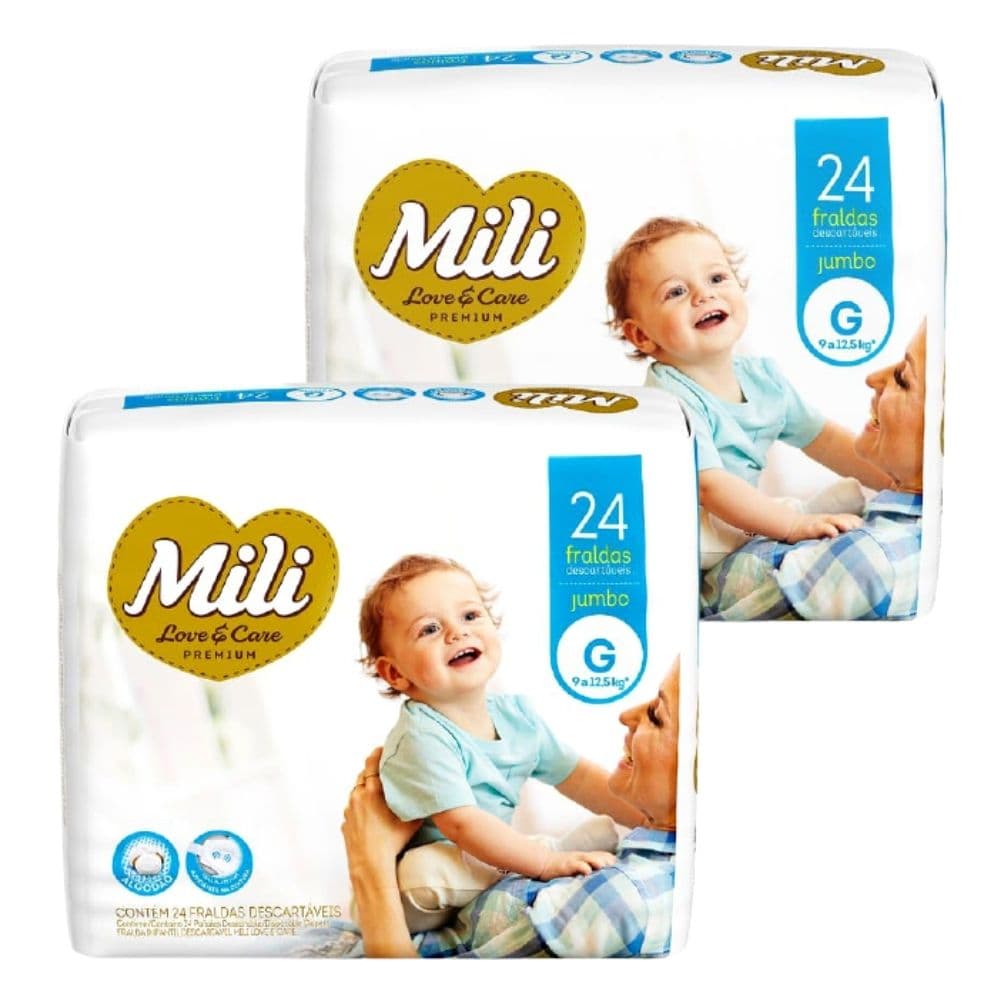 Fralda Descartável Mili  Love& Care   Tamanho G  2 Pacotes c/24 unid    (Total 48 Fraldas) Linha Premium - para uso dia e noite