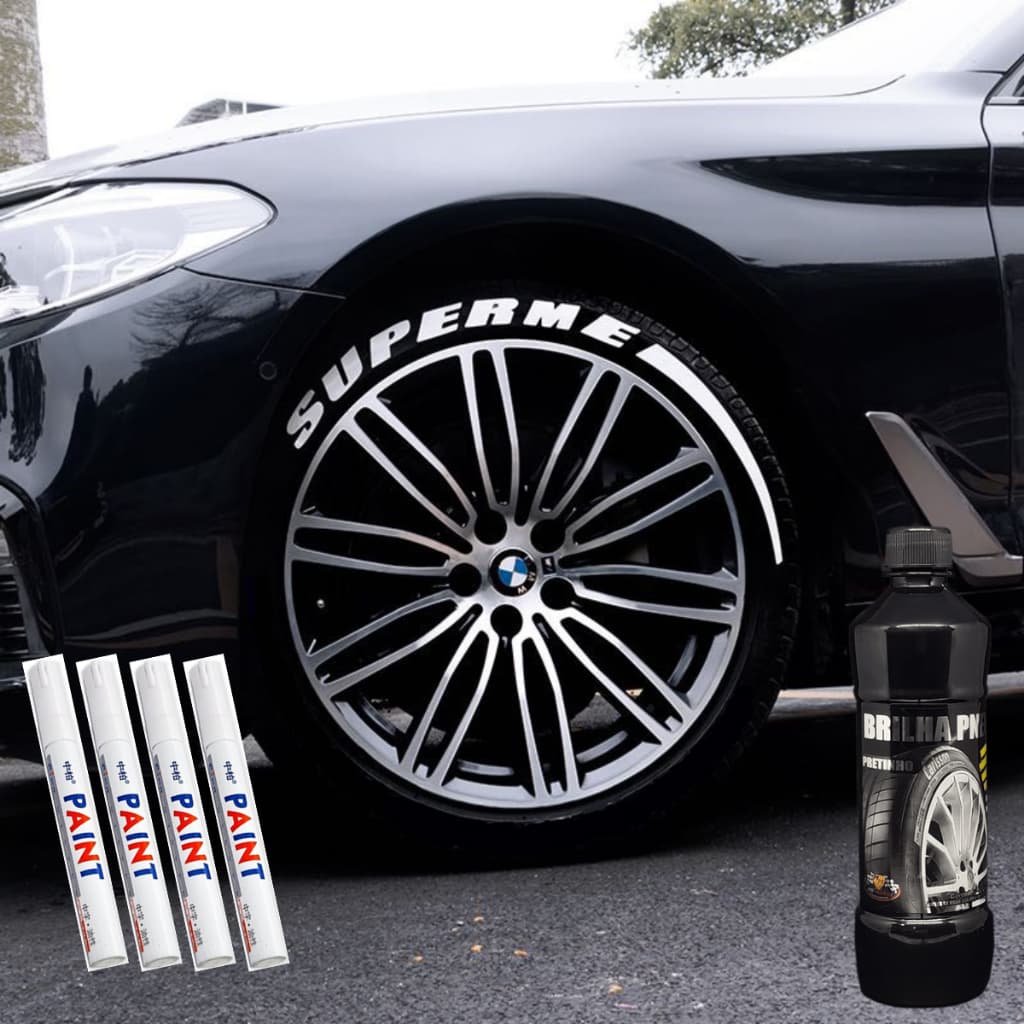 Kit Estética de Pneus Carro e Moto - Pretinho + 4 Canetas Toyo Paint - Marcador De Pneu Carro - A Prova D'agua - Branca - Similar Posca