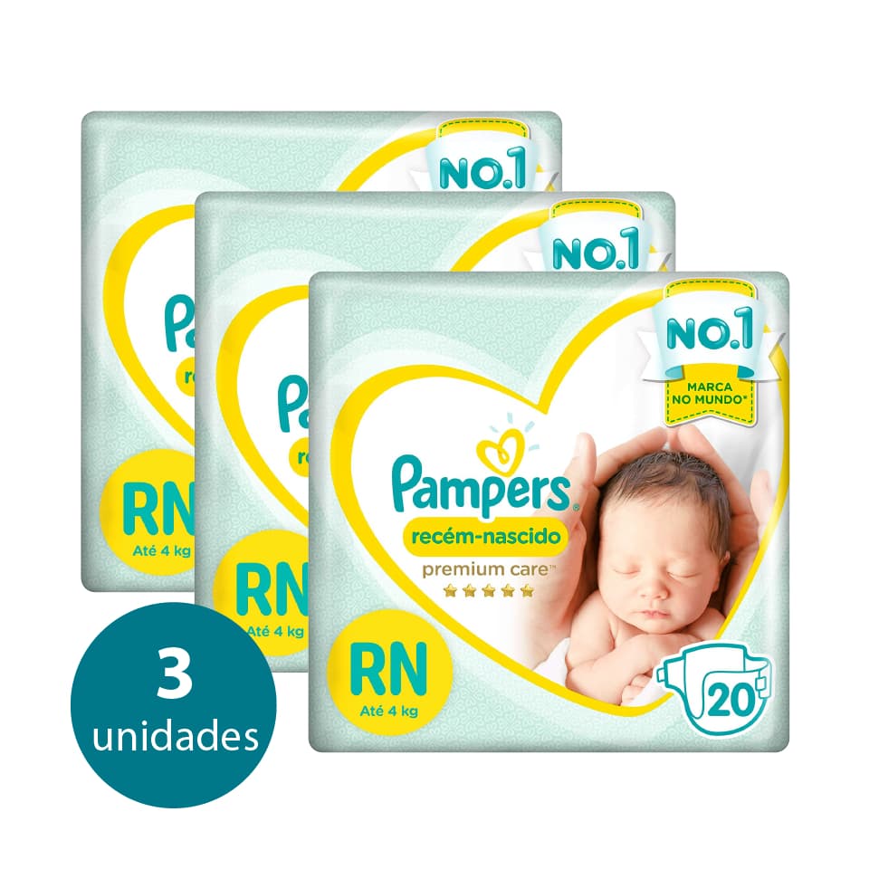 Kit 3 Pacotes Fraldas Pampers Recém-Nascido Premium Care RN até 4kg  20 Fraldas