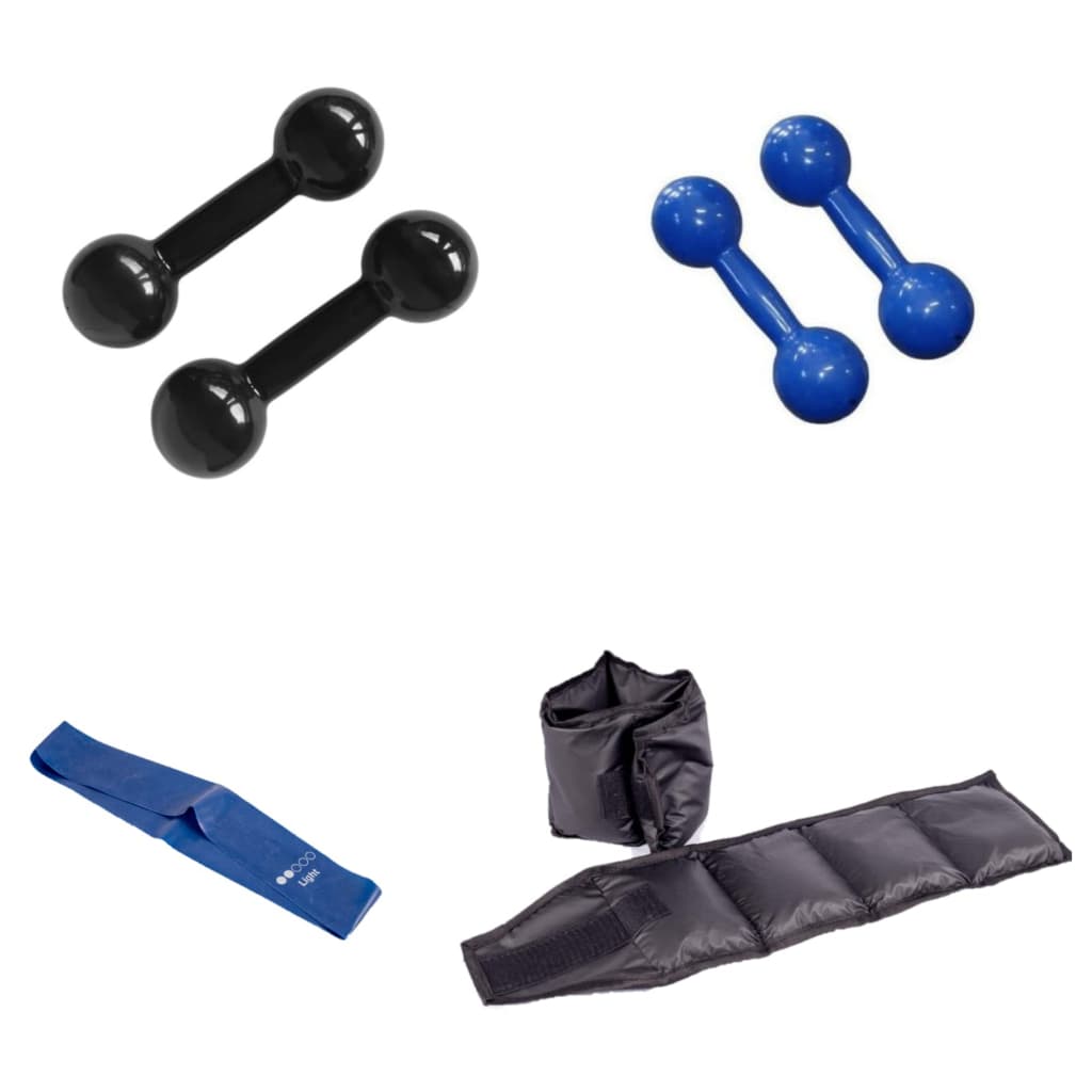 Kit Treino Musculação Pares de Halteres de 2 kg + 3 kg cada + Par Caneleira 2 kg cada + Elástico