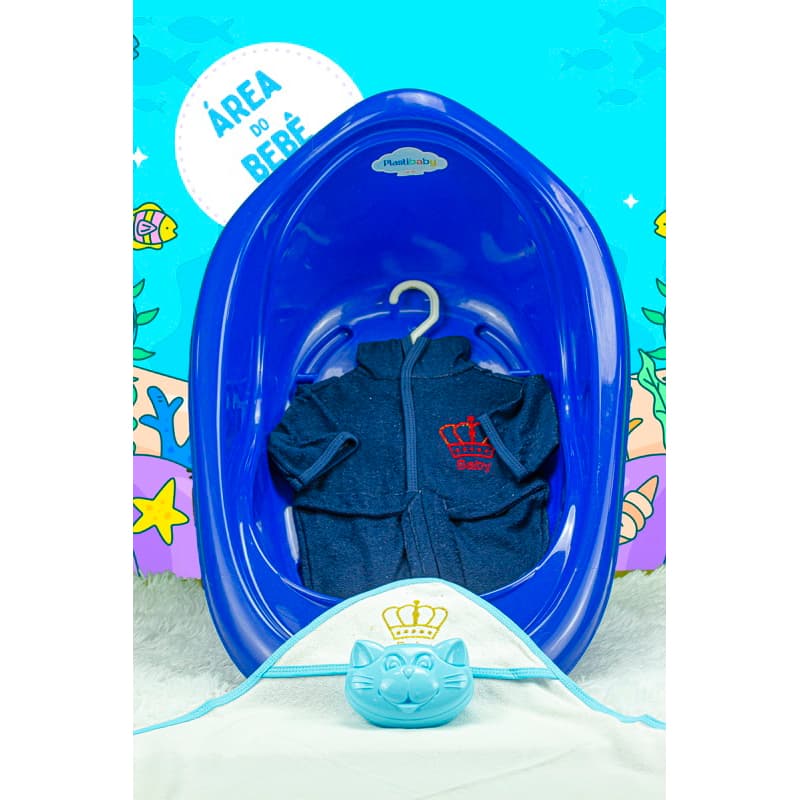 Kit Hora Do Banho Menino, Banheira de Bebê 22 litros + Roupão + Toalha C Capuz + Saboneteira