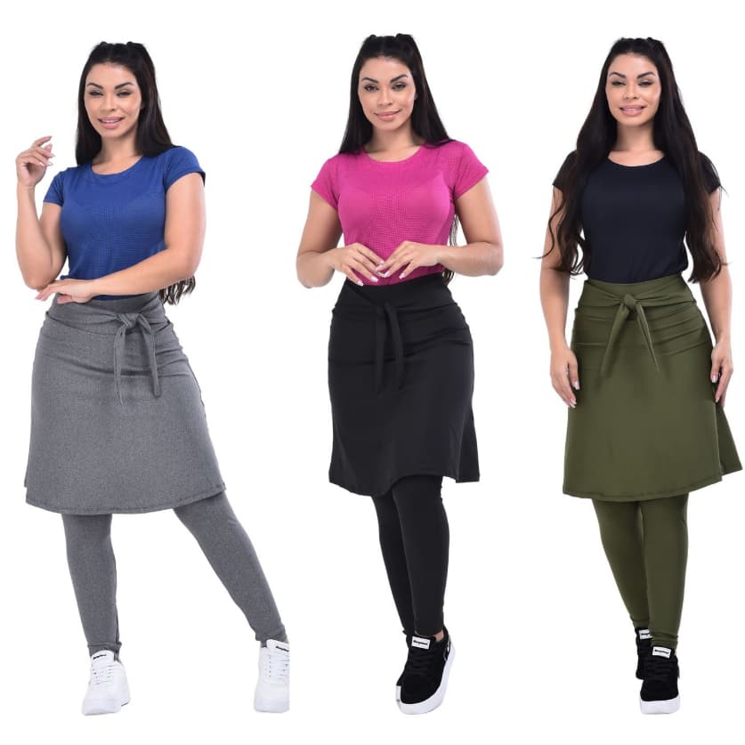 Conjunto Fitness Moda Evangelica Com Faixa Calça Saia e Blusa Dry Fit Cristã