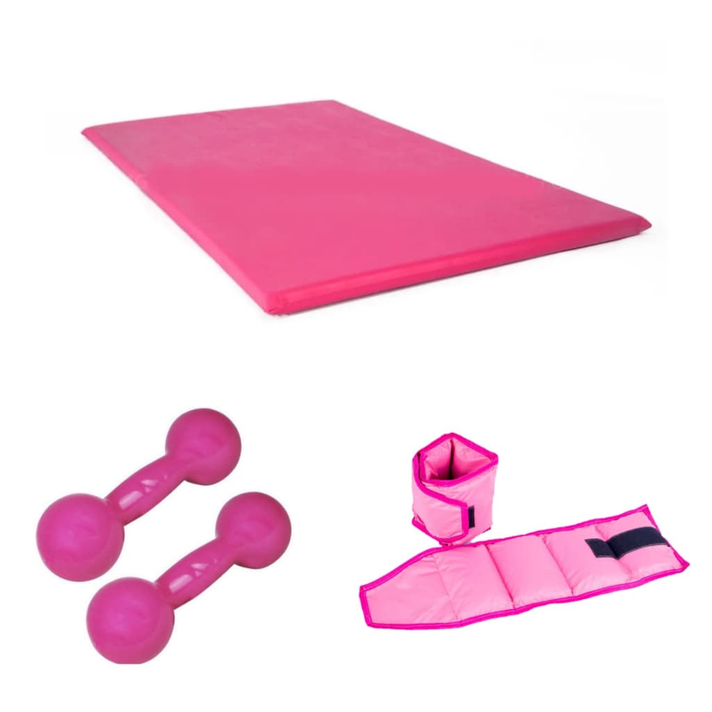 Kit Rosa Academia Treino Par Halter Emborrachado 2 kg cada + Par Caneleira 2 kg cada + Colchonete