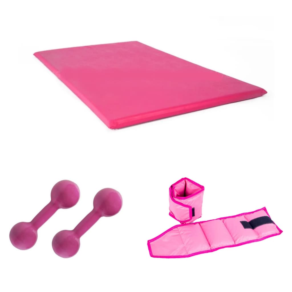 Kit Rosa Academia Funcional Par Halter Emborrachado 1 kg cada + Par Caneleira 1 kg cada + Colchonete