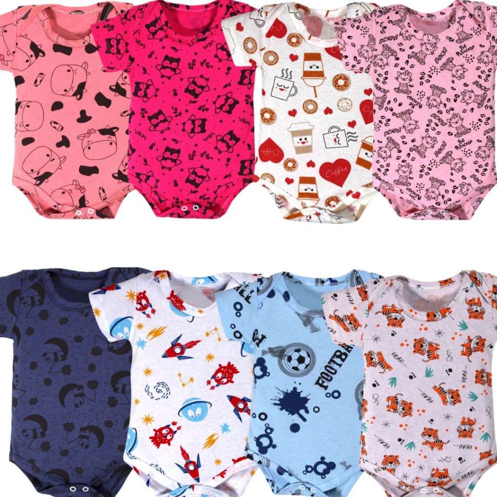 Kit 4 Pçs Body Bebe M/Curta Estampado Algodão Menina  Menino