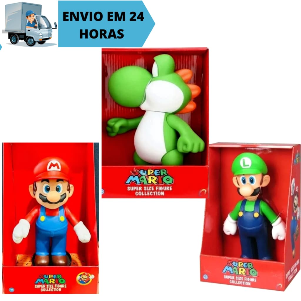 Combo Kit 3 Bonecos Articulados Mario Bros Luigi Yoshi Colecionaveis