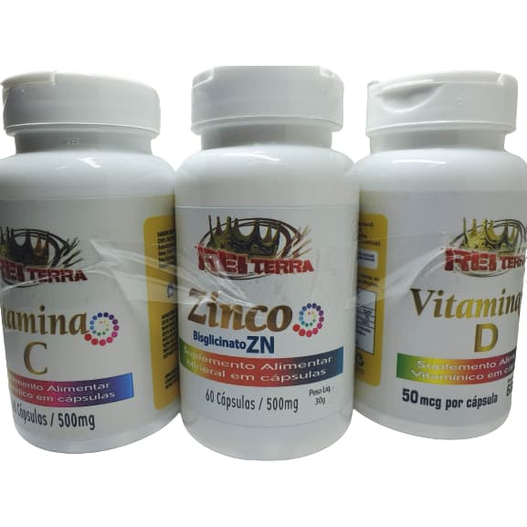 Kit Vitaminas Vitamina D, Vitamina C e Zinco 500mg - Rei Terra 60 cps cada