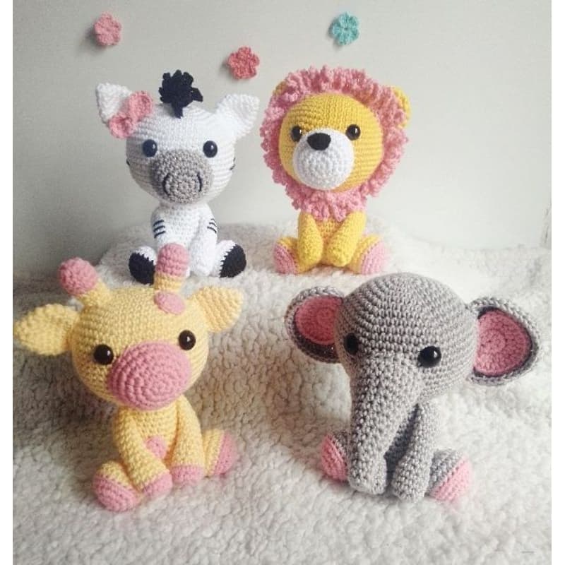 Decoração Mãe e bebê kit safari menina (4 animais) amigurumi crochê