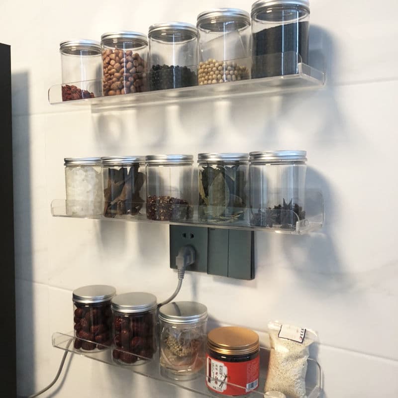 Prateleiras Flutuante Quarto Cozinha Banheiro Home office Escritorio Estabelecimento Porta Tempero com suporte invisivel suporte adesivo para parede Acrilico transparente
