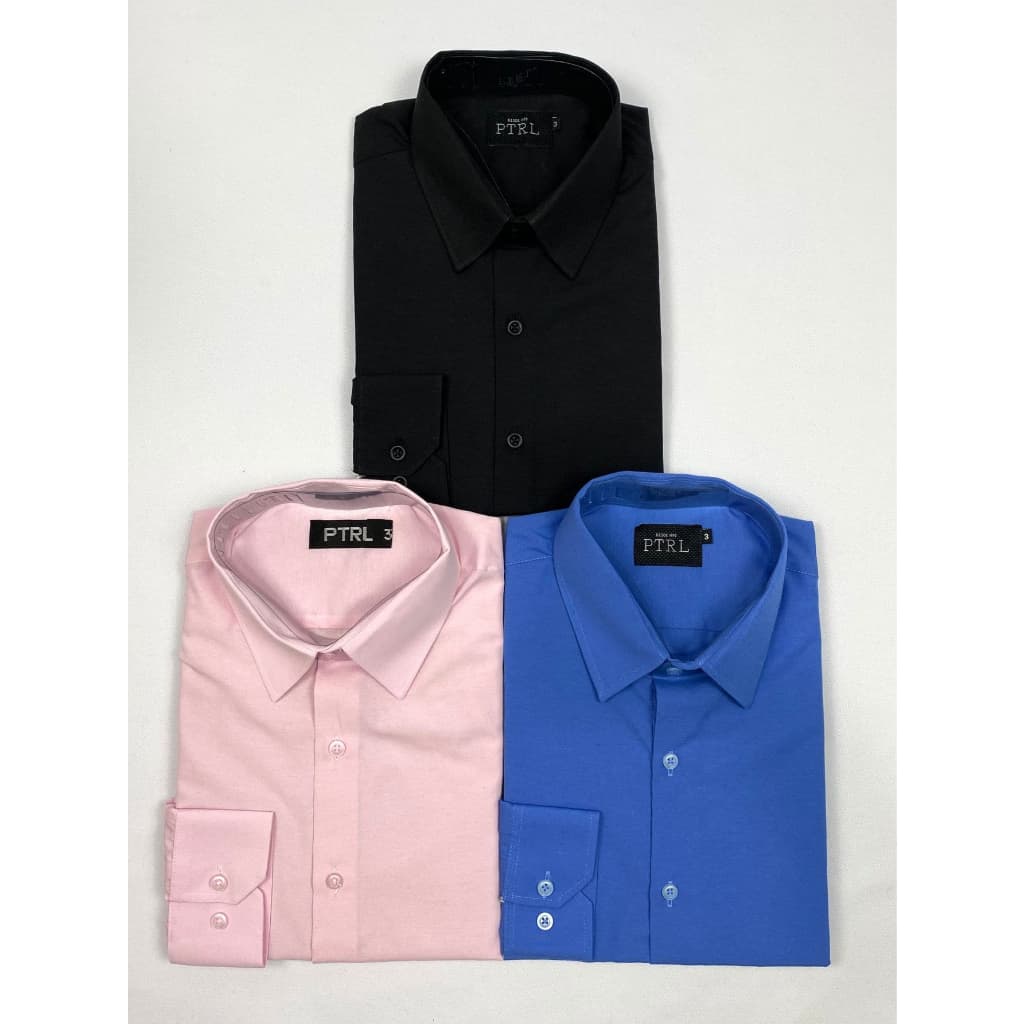 KIT 03 Peças - Camisa Social Manga Longa Slim Azul, Preto e Rosa Bebê