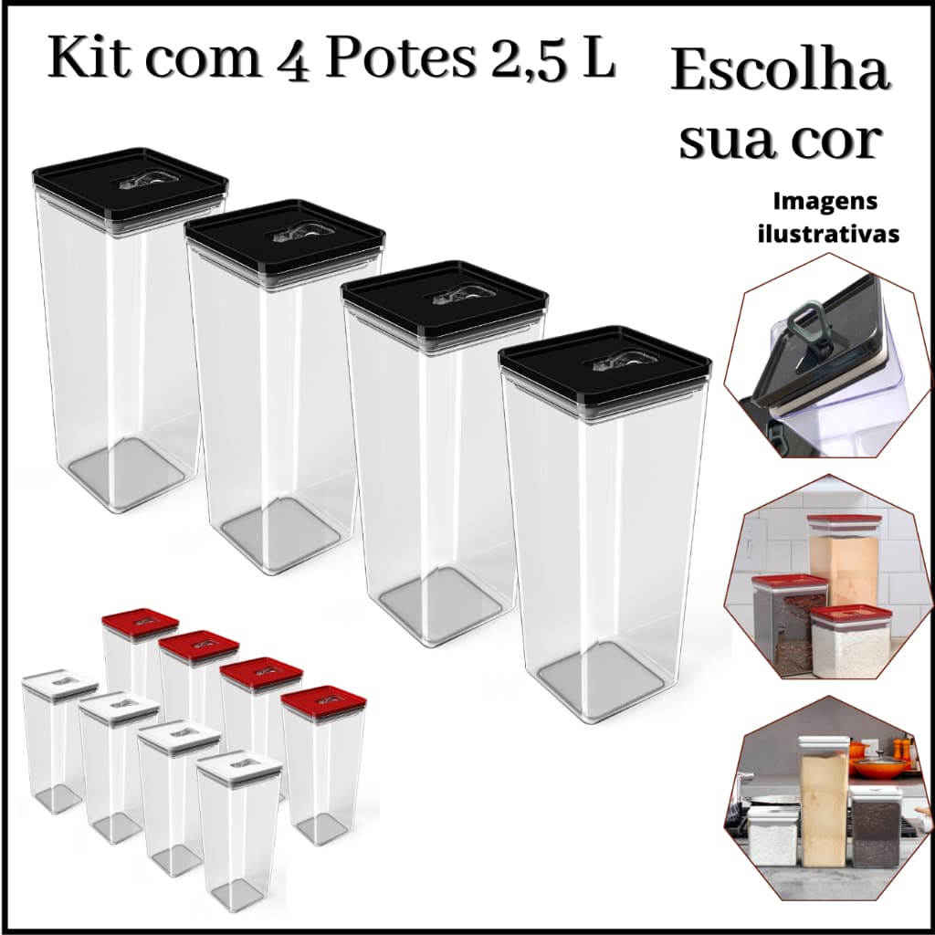Kit Pote Mantimento Hermético 4 Peças de 2,5L Organizador Multiuso Cozinha Dispensa Forte Unitermi