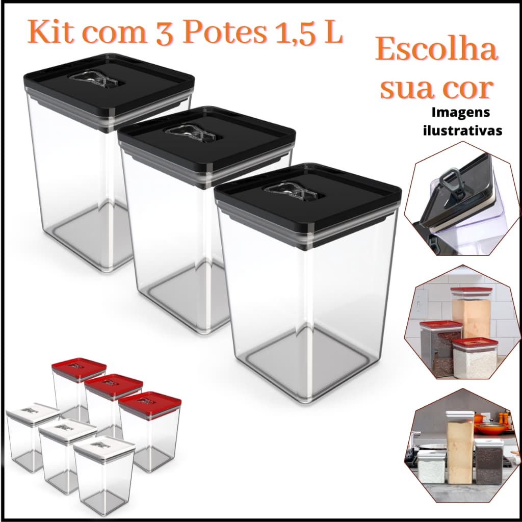 Kit Pote Mantimento Hermético 3 Peças de 1,5L Organizador Multiuso Cozinha Dispensa QuadradoUnitermi