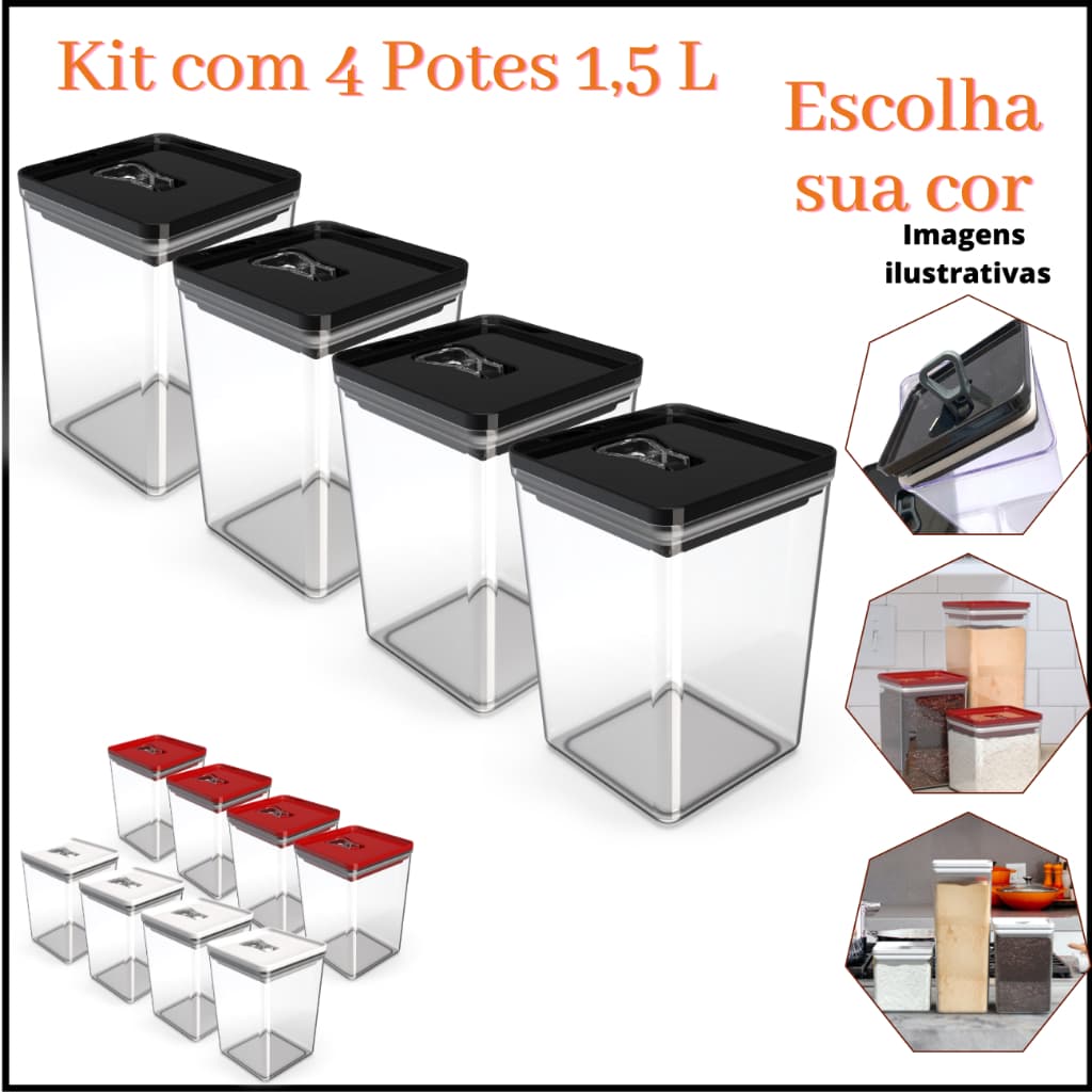 Kit Pote Mantimento Hermético 4 Peças de 1,5L Organizador Multiuso Cozinha Quadrado Unitermi