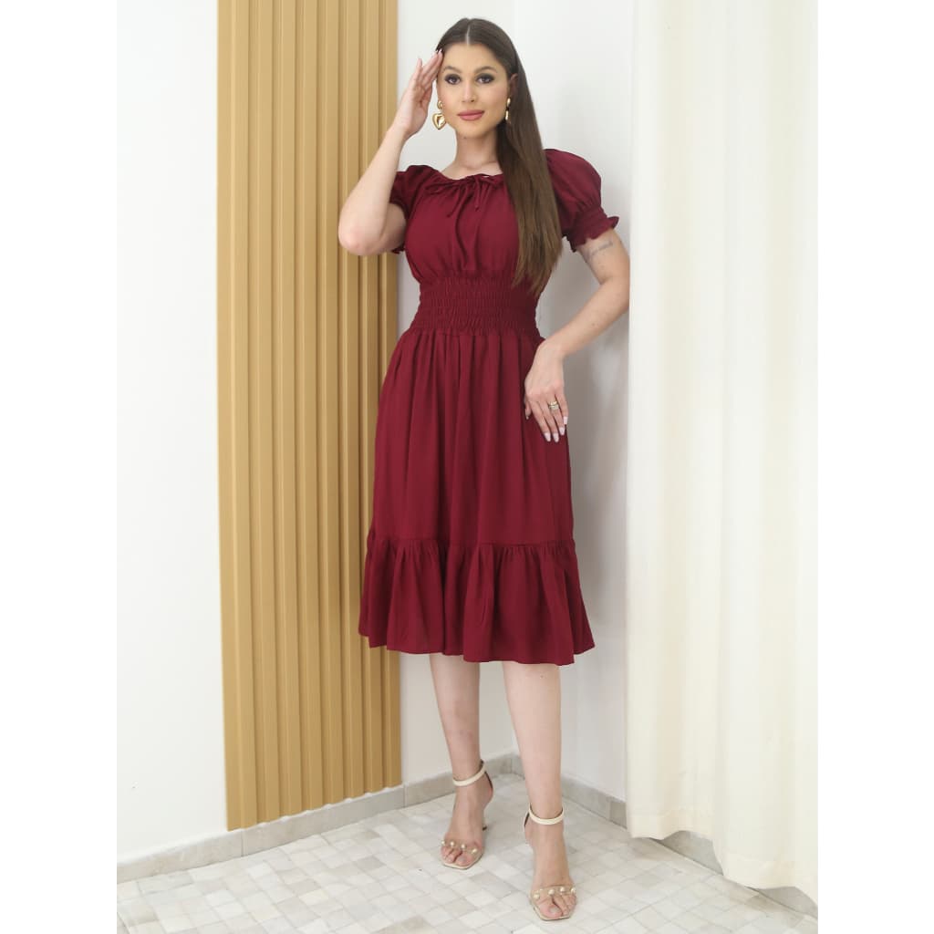 A&D Vestido Festa Midi Liso Viscolinho De Festa Com Frro Elástico Na Cintura