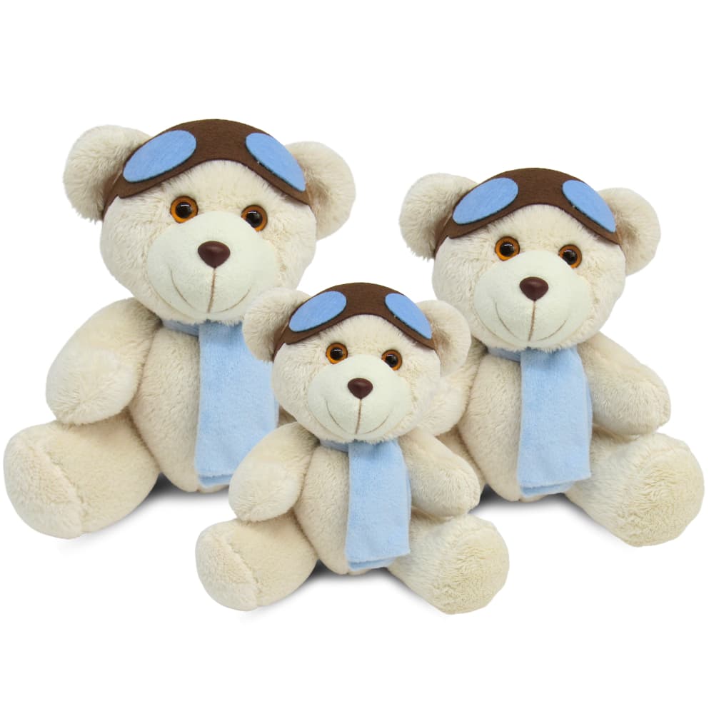 Trio Urso Articulado Aviador Para Nicho Infantil Decorativo - 15cm 20cm 25cm