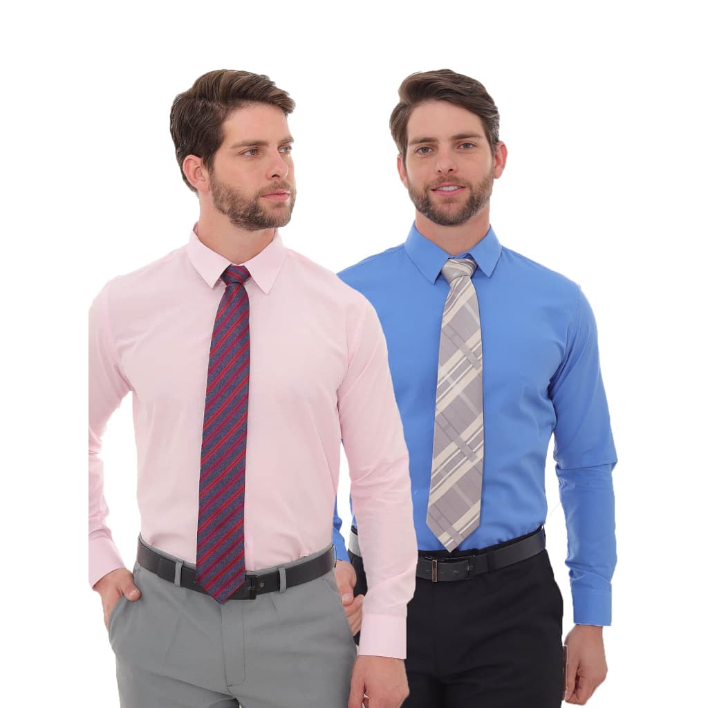 KIT Masculino 2 Peças - Camisa Social Slim Rosa Bebê e Camisa Social Slim Azul