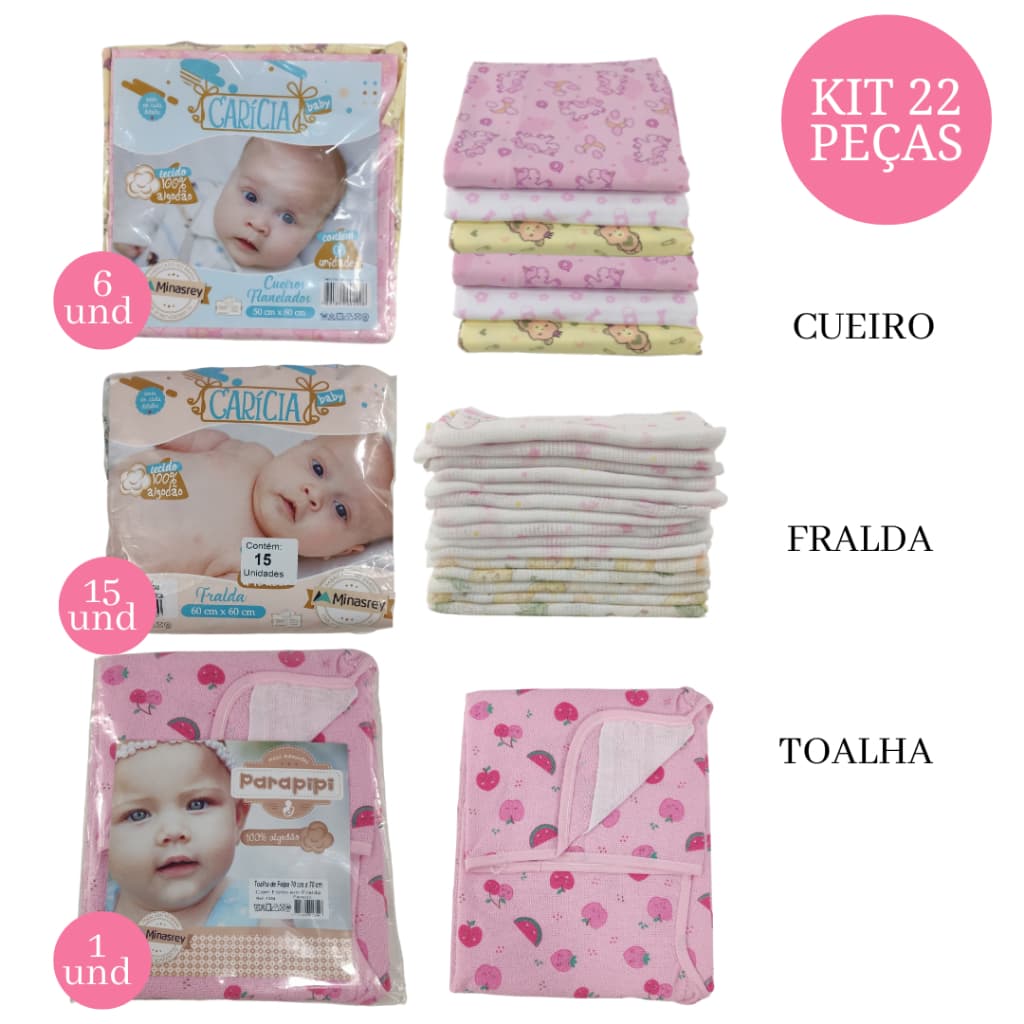 Kit Carinho Panos Enxoval de Bebê : Toalha de Banho, Kit 6 Cueiros e 15 Fraldas de Pano- Rosa