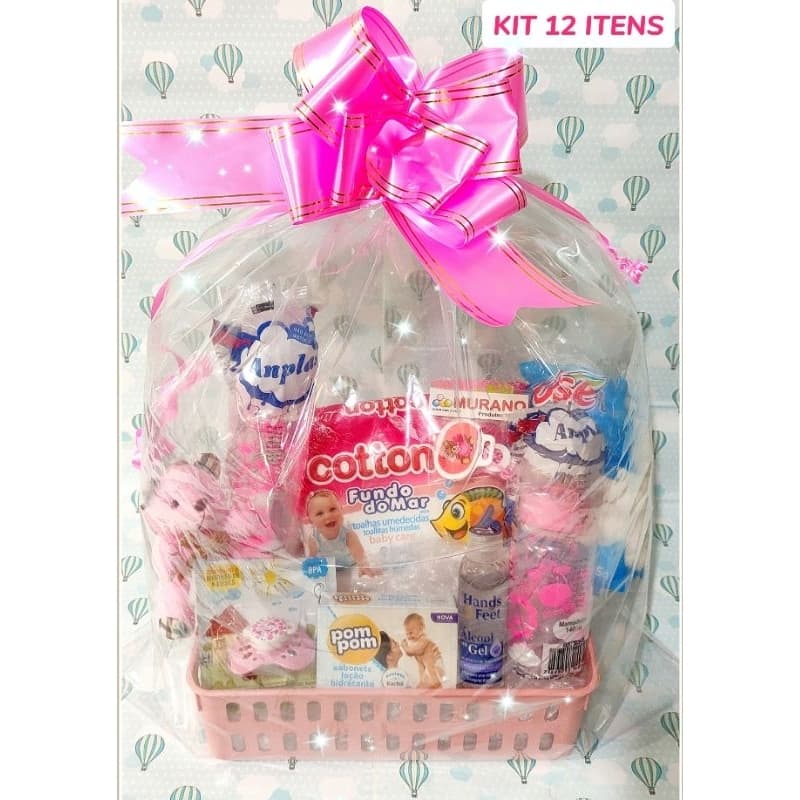 Kit presente bebe 12 itens Mamadeira 240 ml/140 ml lenço umedecidos ursinho cesta presente chá de fraldas lembrancinha