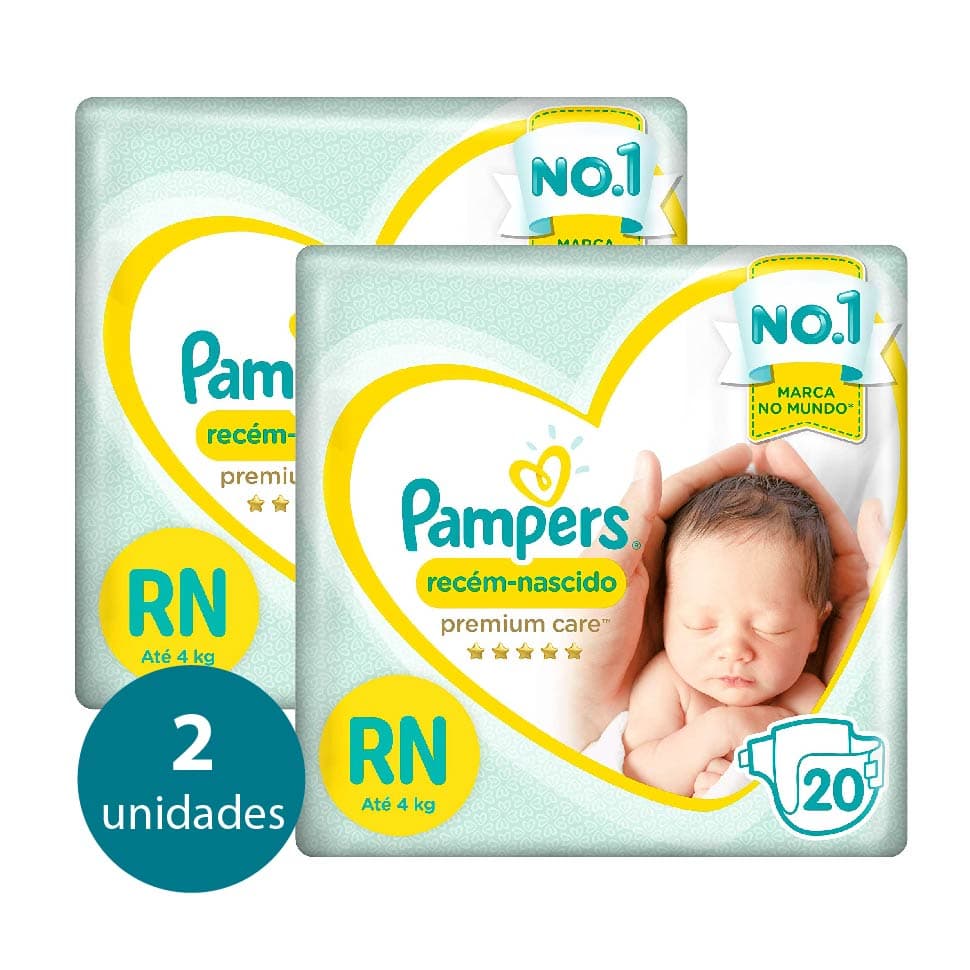 Kit 2 Pacotes Fraldas Pampers Recém-Nascido Premium Care RN até 4kg  20 Fraldas