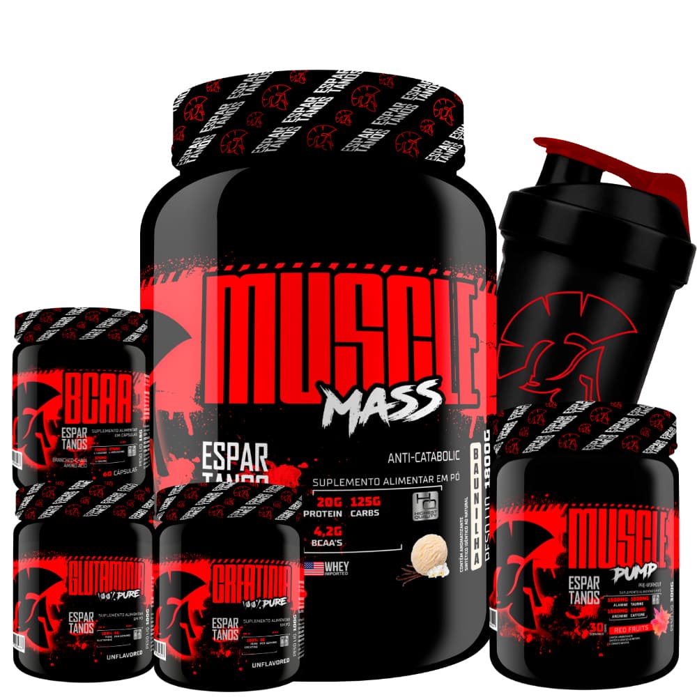 Kit Muscle Mass 1,8kg + BCAA + Creatina + Glutamina + Pré Treino Frutas Vermelhas + Coq - Espartanos