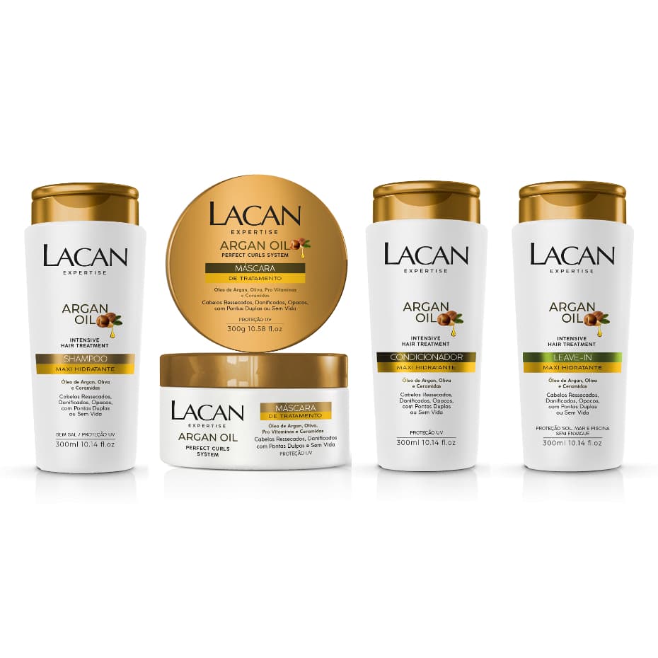 Kit 1 Shampoo 300ml + 1 Mascara 300g + 1 Condicionador 300ml + 1 Leave-in 300ml Argan Maxi Hidratante Lacan