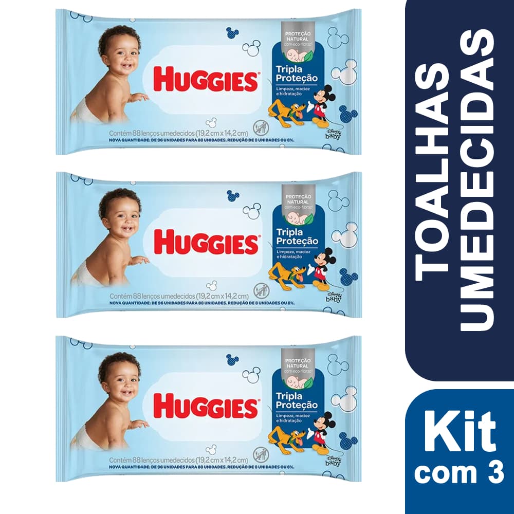 Kit 3 com Toalhas Lenço Umedecida Huggies Tripla Proteção c/ 88 unidades cada