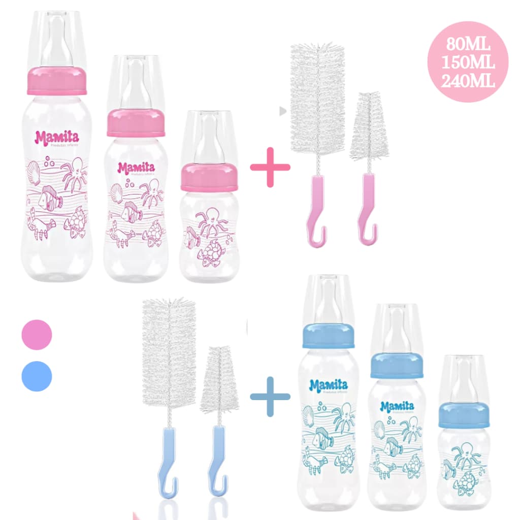 Kit 3 Mamadeiras Chuquinha  Mamita + 2 Escovas de Mamadeira Para Bebê Infantil - Azul ou Rosa